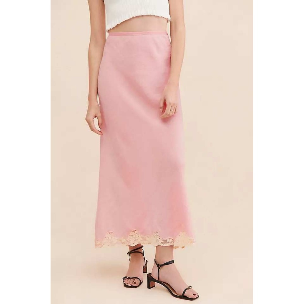 Rixo Linen Blend Maxi Skirt Crystal Pink Lace-Trim Mid-Rise Size Medium
